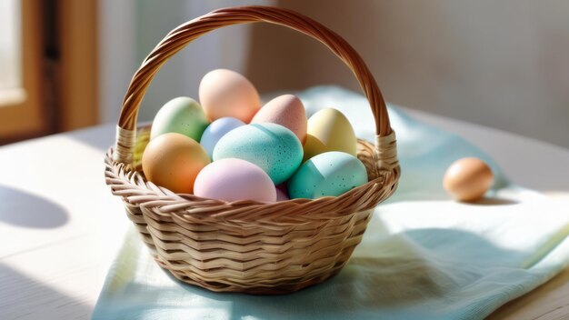 una canasta de huevos con una canasta marrón que dice Pascua