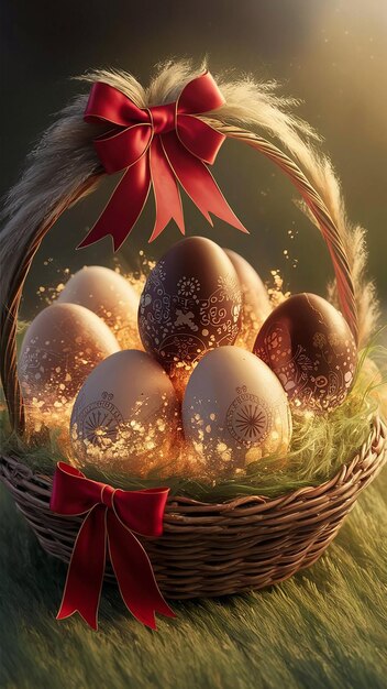 una canasta de huevos con una cinta roja que dice "Cita de Pascua"