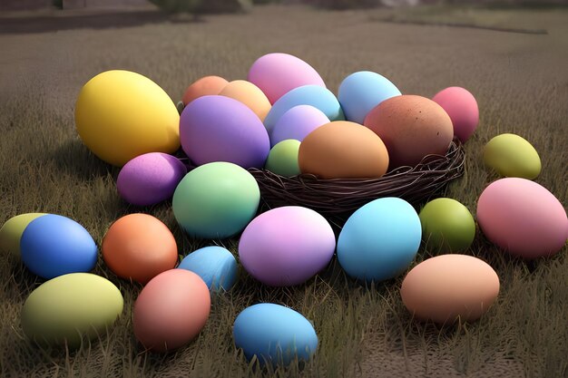 Una canasta de huevos coloridos se encuentra en un campo.