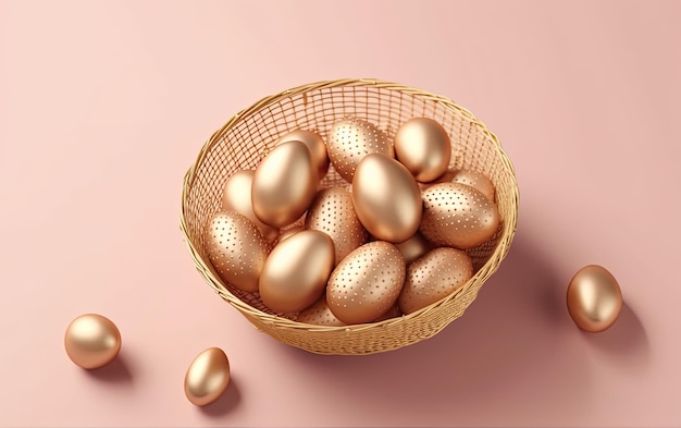 Una canasta de huevos dorados se asienta sobre un fondo rosa.