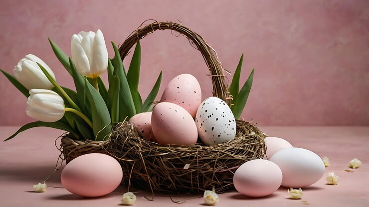una canasta de huevos con una flor en ella