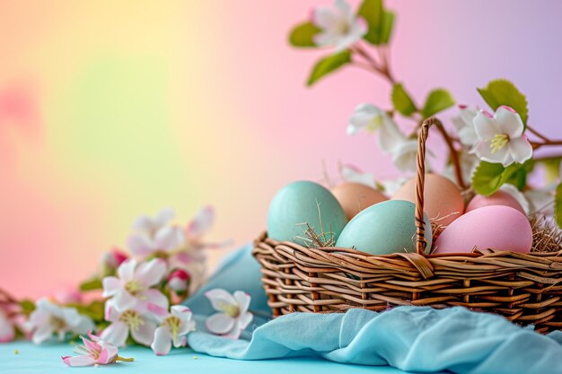 una canasta de huevos con flores y una flor en el fondo