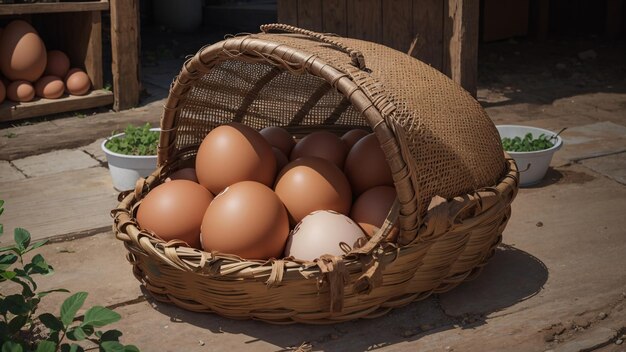 Una canasta de huevos de gallina