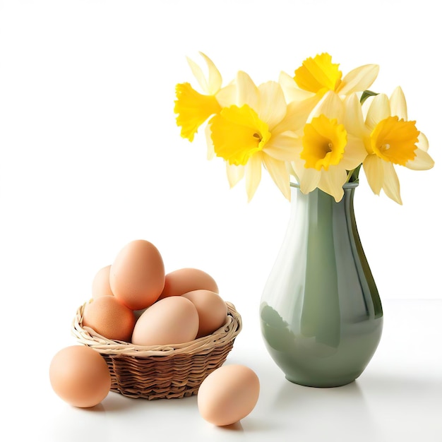 Una canasta de huevos y un jarrón de narcisos sobre un fondo blanco