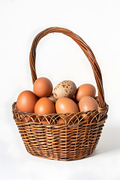 Foto una canasta de huevos marrones sobre un fondo blanco