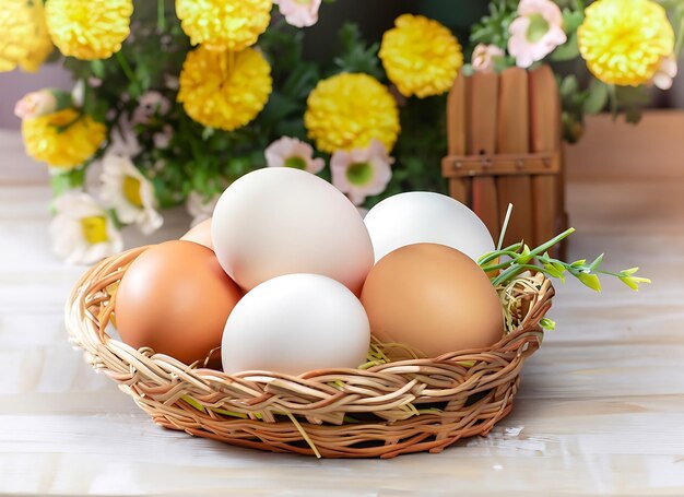 Una canasta de huevos en una mesa con un fondo de flores