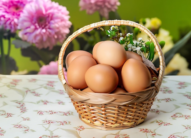 Una canasta de huevos en una mesa con un fondo de flores