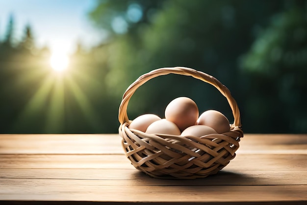 Una canasta de huevos en una mesa de madera