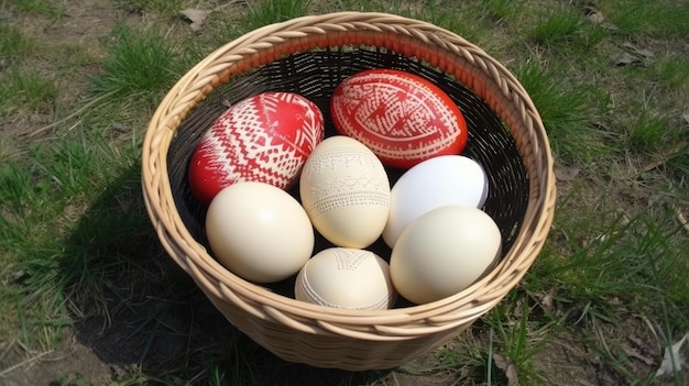 Una canasta de huevos con la palabra pascua