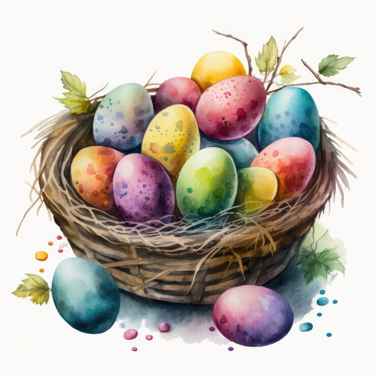 canasta de huevos de pascua de acuarela sobre un fondo blanco