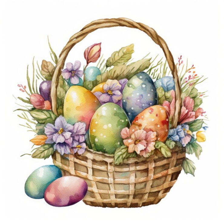 canasta de huevos de pascua de acuarela sobre un fondo blanco