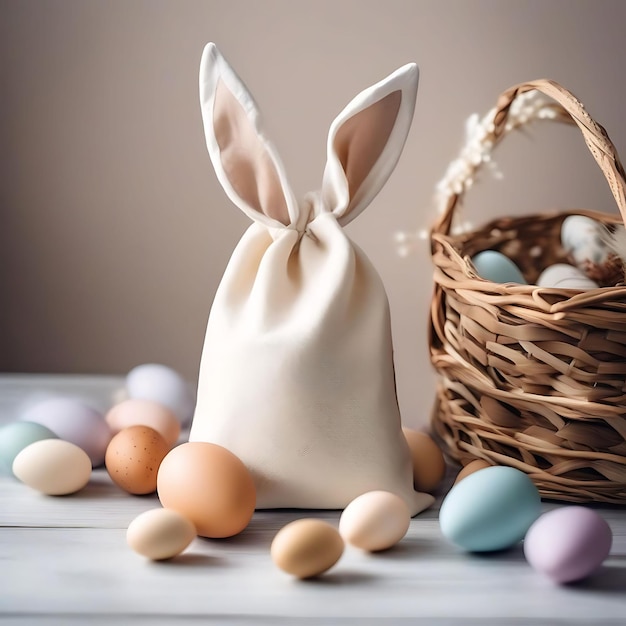 una canasta de huevos de Pascua con una bolsa blanca y una canasta con huevos de pascua en ella