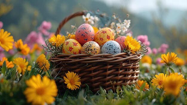 Una canasta de huevos de Pascua en el césped verde en un día soleado