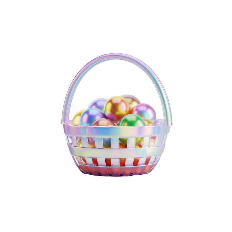 una canasta de huevos de Pascua coloridos con un borde de rayas púrpuras y verdes