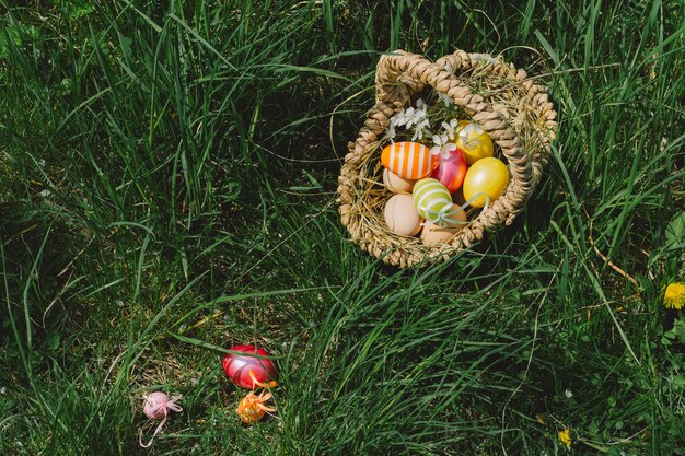 Una canasta de huevos de Pascua coloridos en busca de huevos.