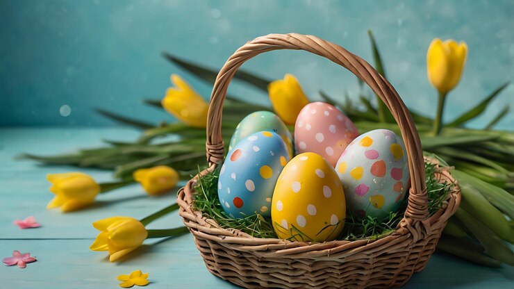 una canasta de huevos de Pascua con flores amarillas en el fondo