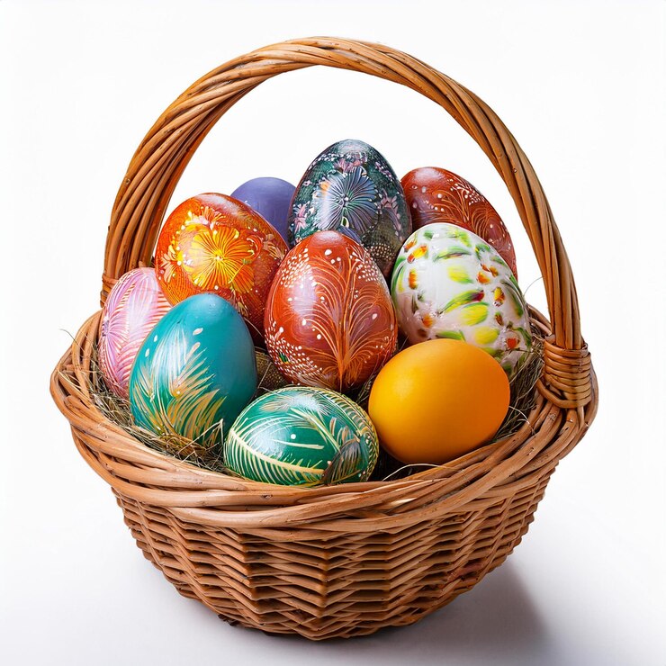 una canasta de huevos de Pascua con un fondo blanco