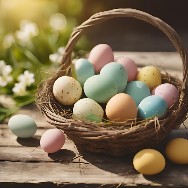 una canasta de huevos de Pascua con un fondo borroso