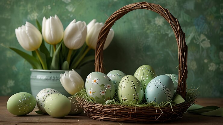 una canasta de huevos de Pascua con un fondo verde con un fondo green con un fondo Green