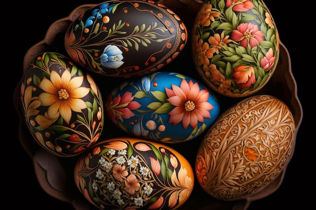 Una canasta de huevos de pascua pintados con un diseño floral.