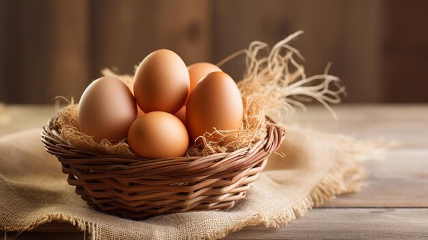 una canasta de huevos de pollo en una mesa de madera