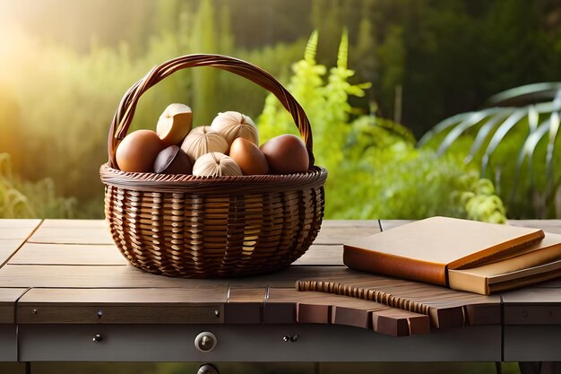 Una canasta de huevos se sienta en una mesa con un libro y un libro.