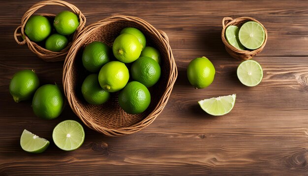 Foto una canasta de limas y limas con una canasa de limas en la mesa