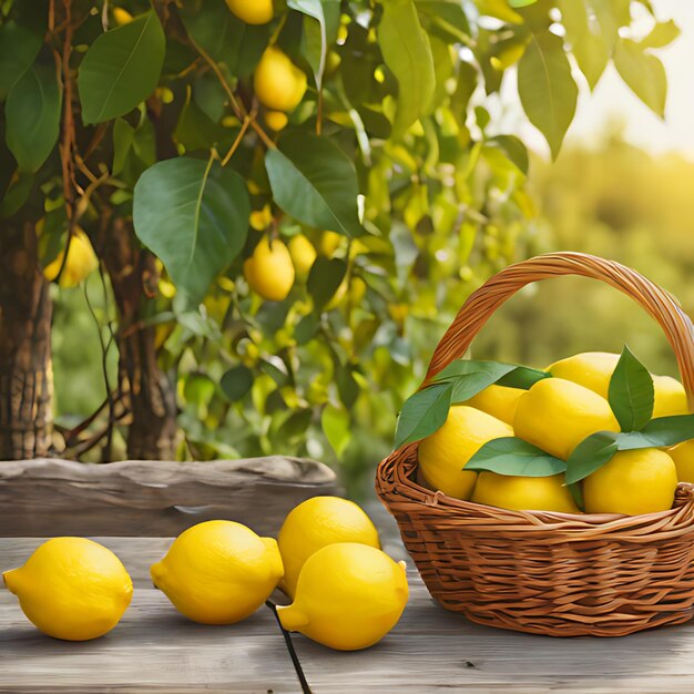 Foto una canasta de limones con una canasa de limones en una mesa de madera