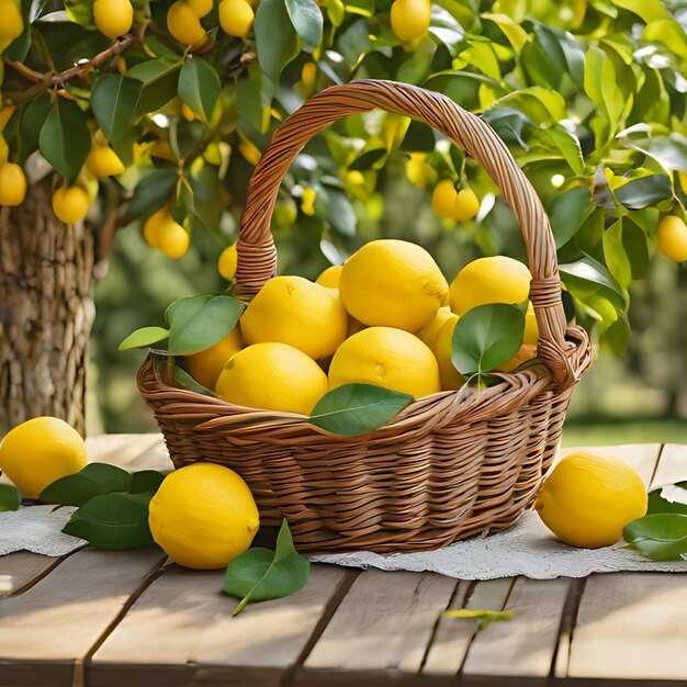 una canasta de limones con hojas y una canasa de limones