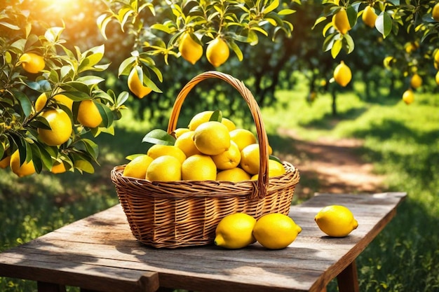 una canasta de limones y limones en una mesa de madera