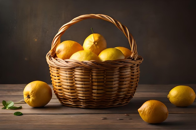 Una canasta de limones y limones sobre una mesa de madera.