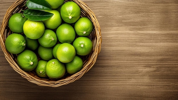 Una canasta de limones en una mesa de madera