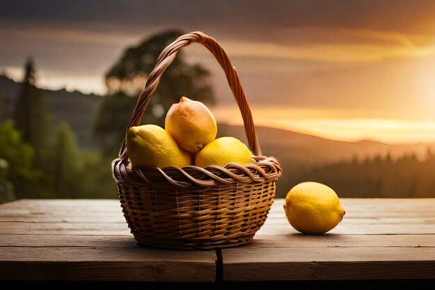 canasta con limones y una puesta de sol en el fondo