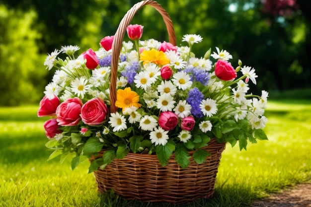 Una canasta llena de flores de diferentes colores está sentada en la hierba