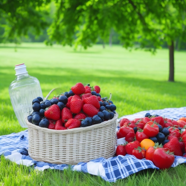 Una canasta llena de frutas y bebidas para picnic Comidas de picnic en un hermoso lugar verde IA generativa