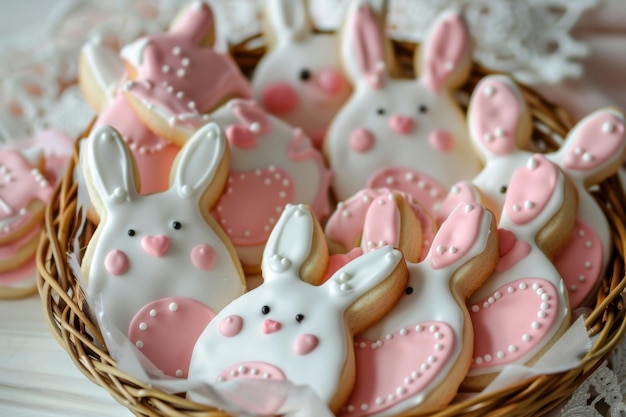 Foto una canasta llena de galletas decoradas con conejos