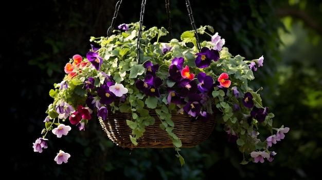 Una canasta llena de hiedra y flores vibrantes