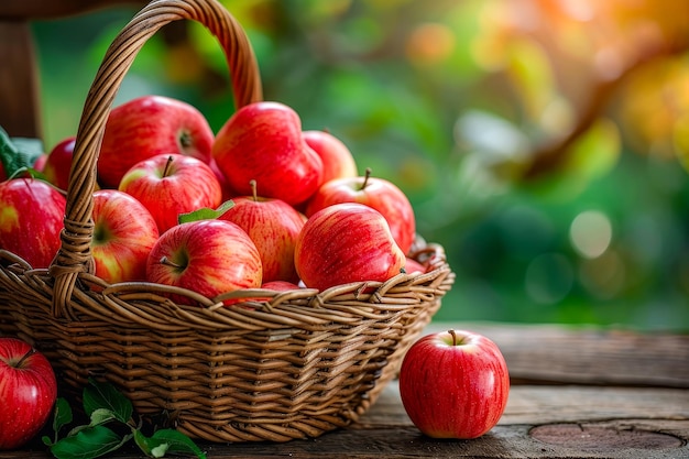 Una canasta llena de manzanas rojas con unas pocas esparcidas en la mesa.
