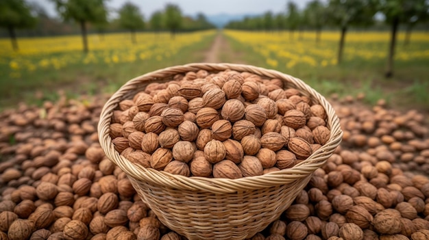 Una canasta llena de nueces en la mesa en un campo de nueces