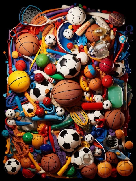 Foto una canasta llena de pelotas de diferentes colores y una pelota de baloncesto.
