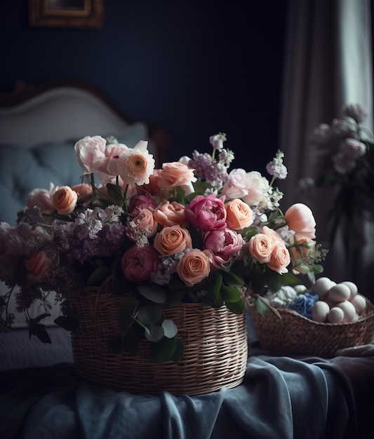 Una canasta llena de rosas Hermosas decoraciones Geenrative Ai