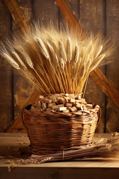 Una canasta llena de tallos de trigo dorado y palos de madera.