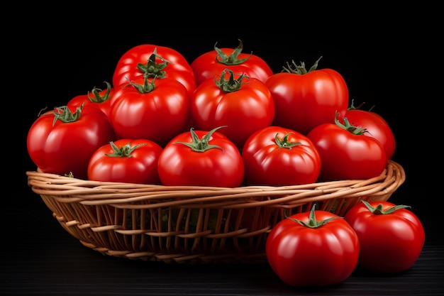 una canasta llena de tomates sobre una mesa