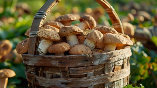 Una canasta de madera desbordante de setas porcini recién cosechadas que simbolizan la abundancia y la generosidad de la cosecha de la naturaleza