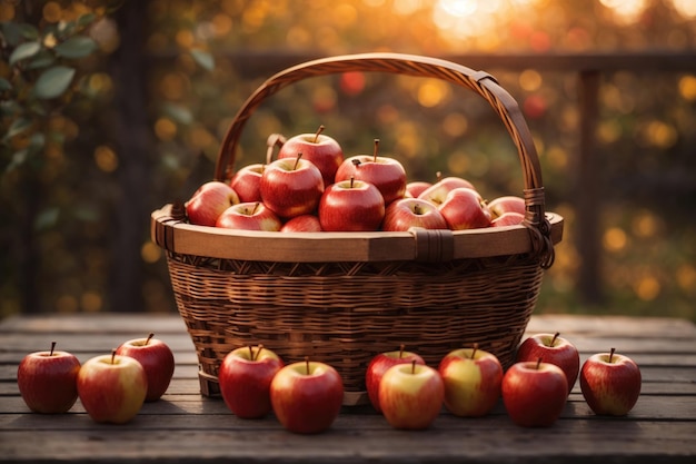 una canasta de madera llena de manzanas rojas sobre una mesa de madera ai generativa