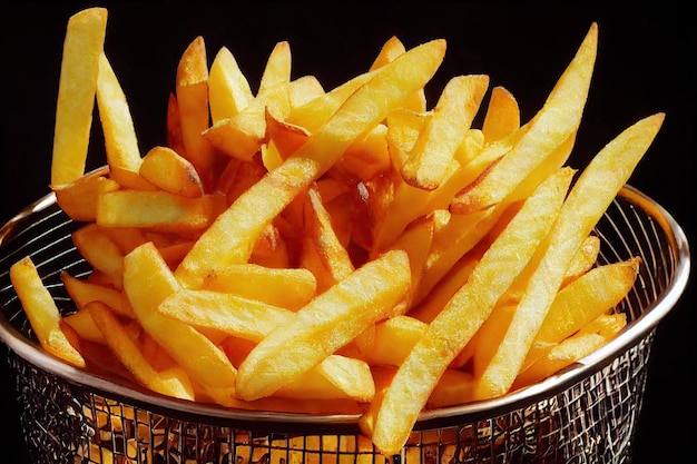 Canasta de malla metálica llena hasta arriba con deliciosas papas fritas