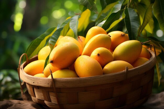 Una canasta de mangos frescos en un telón de fondo de follaje tropical