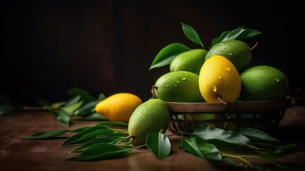 Una canasta de mangos con hojas verdes sobre una mesa