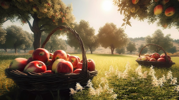 Una canasta de manzanas en un campo con un sol detrás