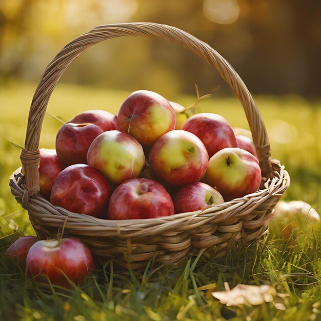 una canasta de manzanas con una canasa de manzanas en el césped